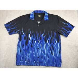 Vintage Benny's Shirt Men's L Large Black Blue Flames Button Up Bowling Hawaiian